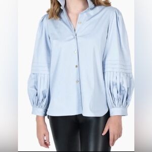 Emily McCarthy Light Blue Puff-Sleeve Button Front Blouse Size M
